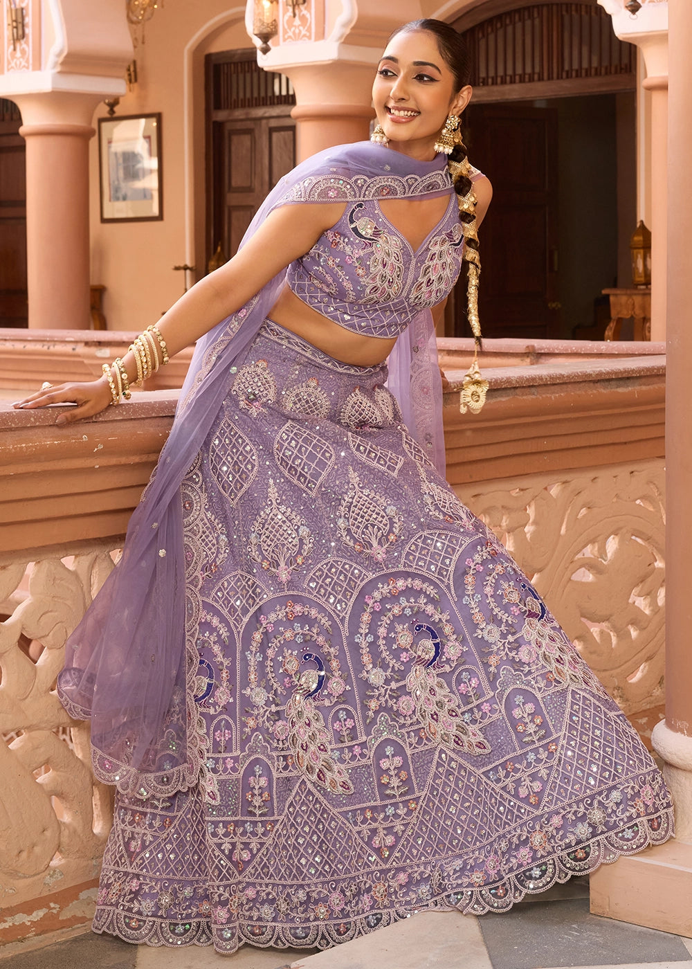 Wisteria Purple Embroidered Net Lehenga Choli with Sequins Work