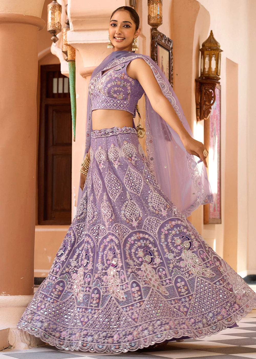Wisteria Purple Embroidered Net Lehenga Choli with Sequins Work