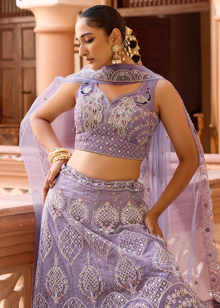 Wisteria Purple Embroidered Net Lehenga Choli with Sequins Work