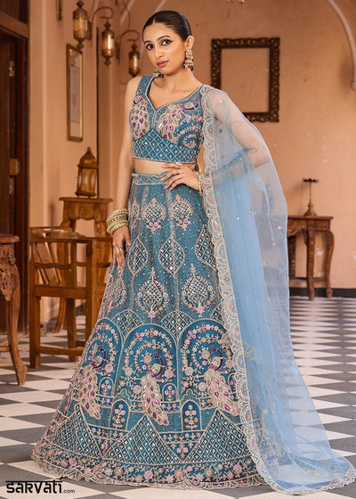 Shades Of Blue Embroidered Net Lehenga Choli with Sequins Work