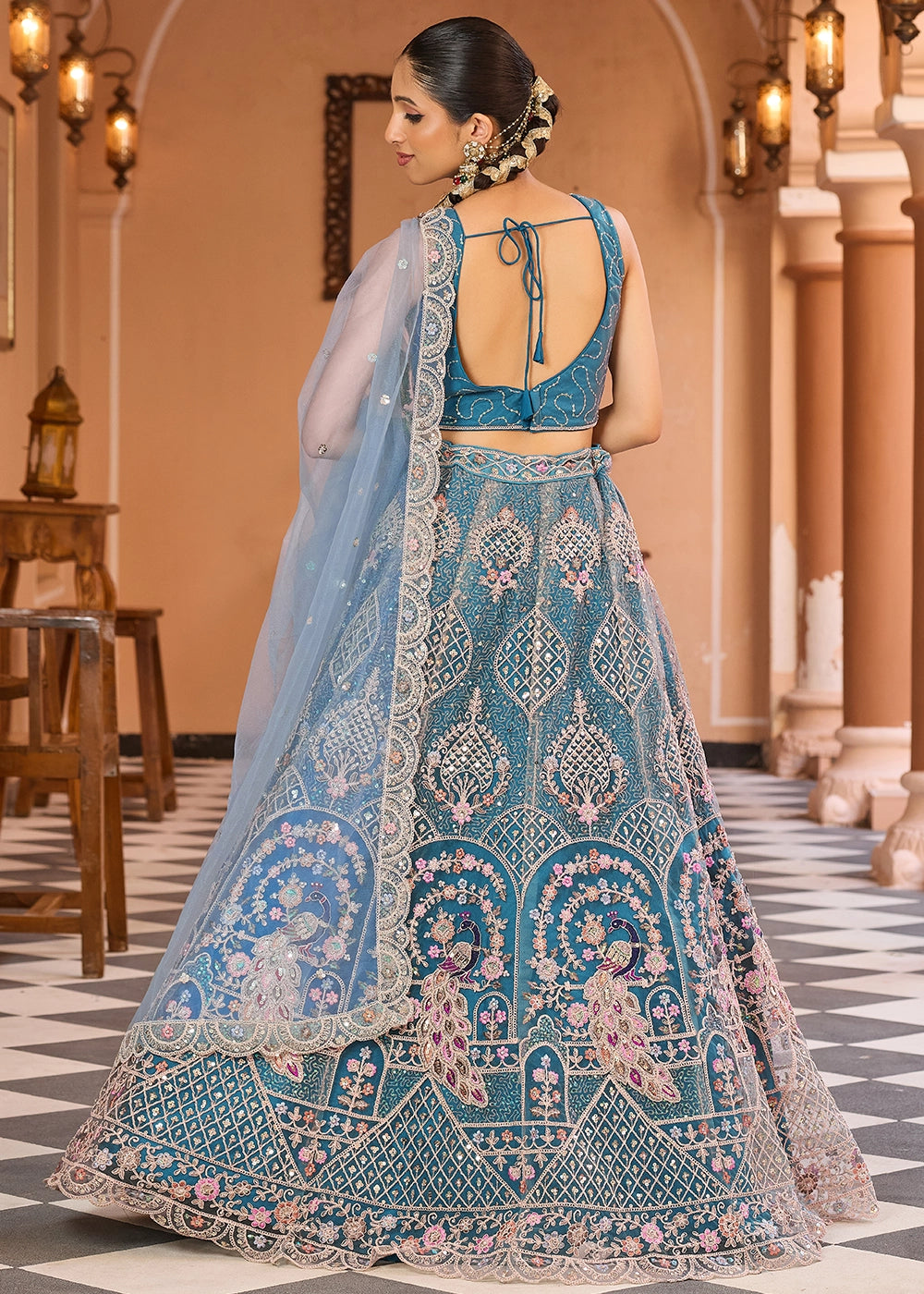 Shades Of Blue Embroidered Net Lehenga Choli with Sequins Work