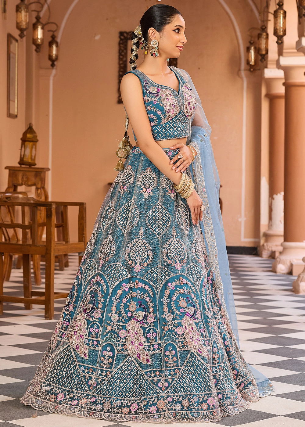 Shades Of Blue Embroidered Net Lehenga Choli with Sequins Work
