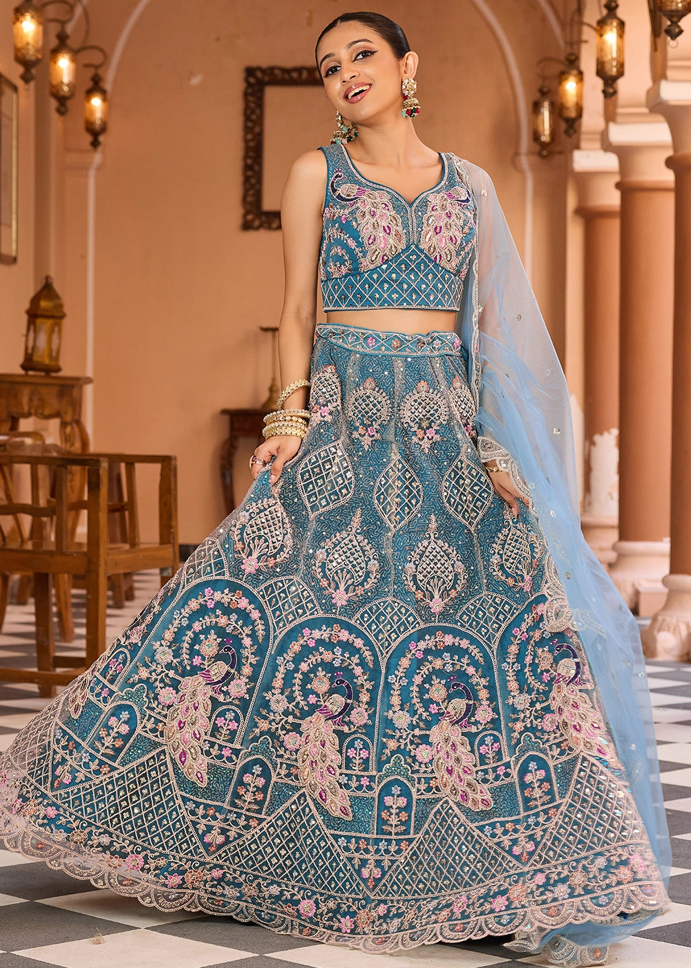 Shades Of Blue Embroidered Net Lehenga Choli with Sequins Work