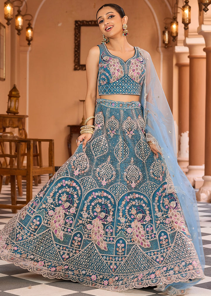 Shades Of Blue Embroidered Net Lehenga Choli with Sequins Work