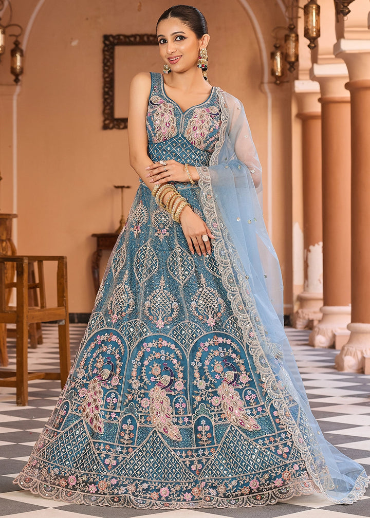 Shades Of Blue Embroidered Net Lehenga Choli with Sequins Work