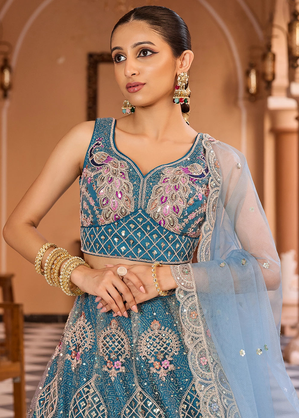 Shades Of Blue Embroidered Net Lehenga Choli with Sequins Work