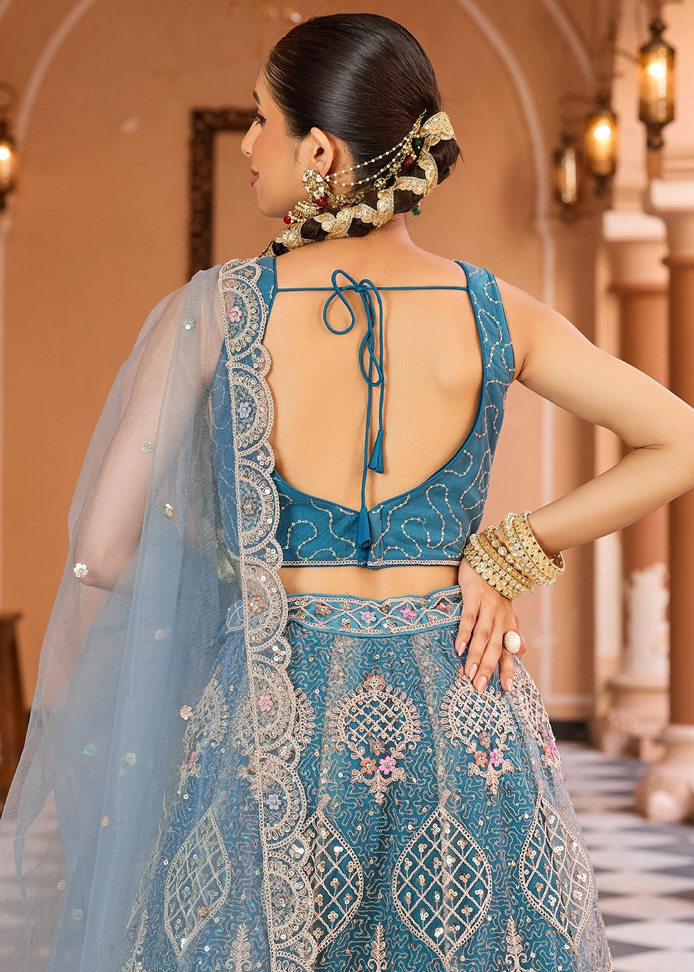 Shades Of Blue Embroidered Net Lehenga Choli with Sequins Work