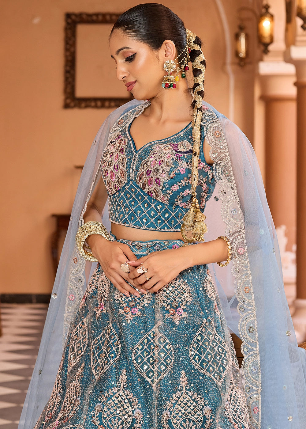 Shades Of Blue Embroidered Net Lehenga Choli with Sequins Work