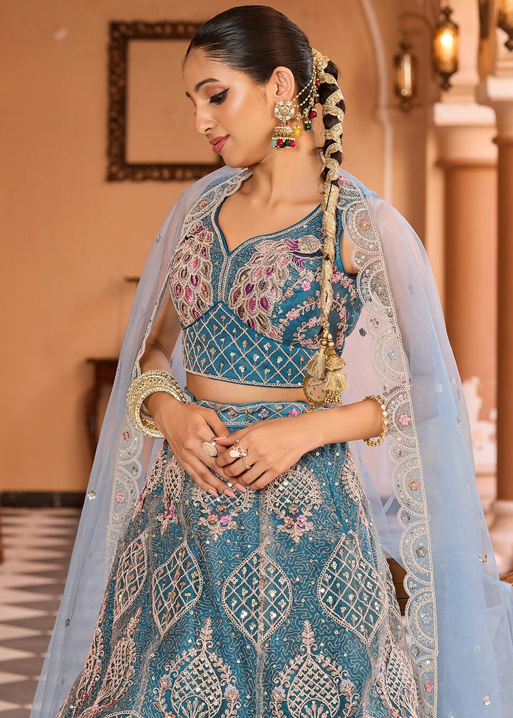 Shades Of Blue Embroidered Net Lehenga Choli with Sequins Work