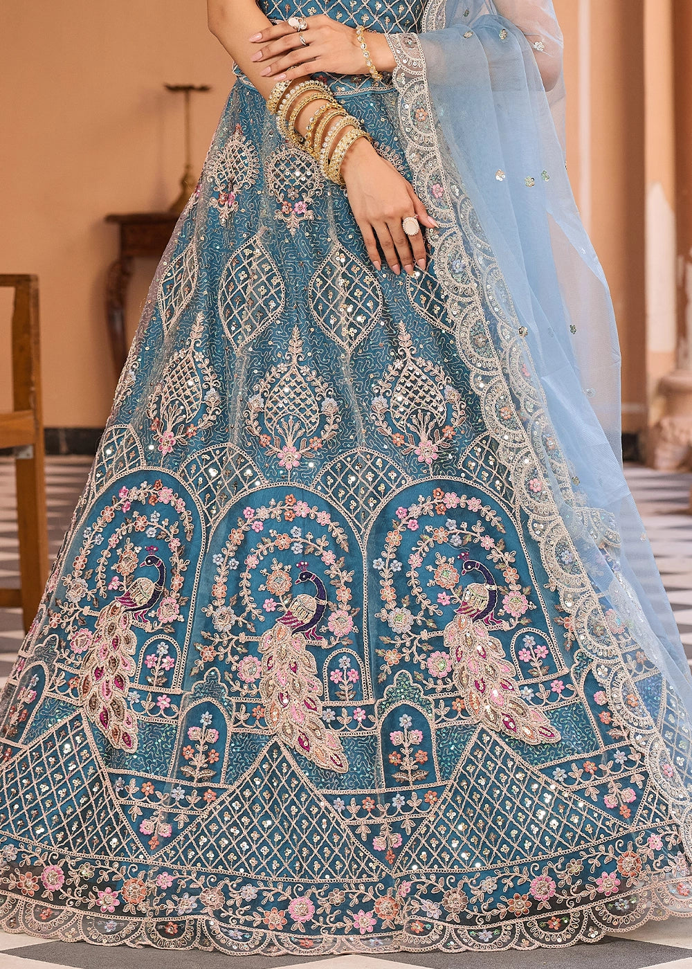 Shades Of Blue Embroidered Net Lehenga Choli with Sequins Work