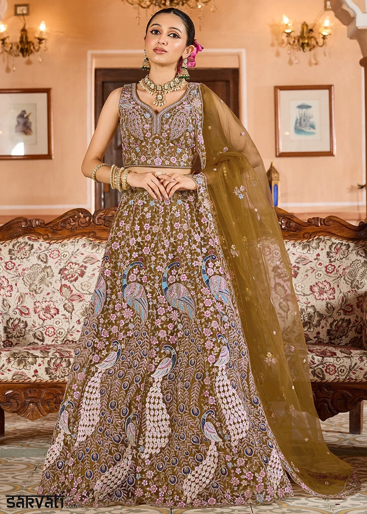 Mustard Yellow Embroidered Net Lehenga Choli with Sequins Work
