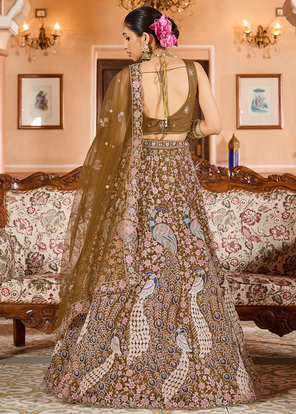 Mustard Yellow Embroidered Net Lehenga Choli with Sequins Work