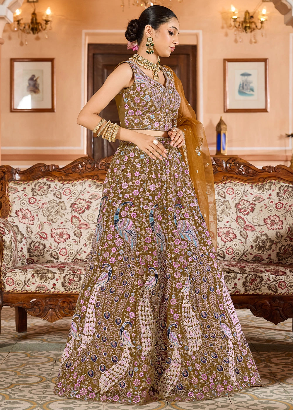 Mustard Yellow Embroidered Net Lehenga Choli with Sequins Work