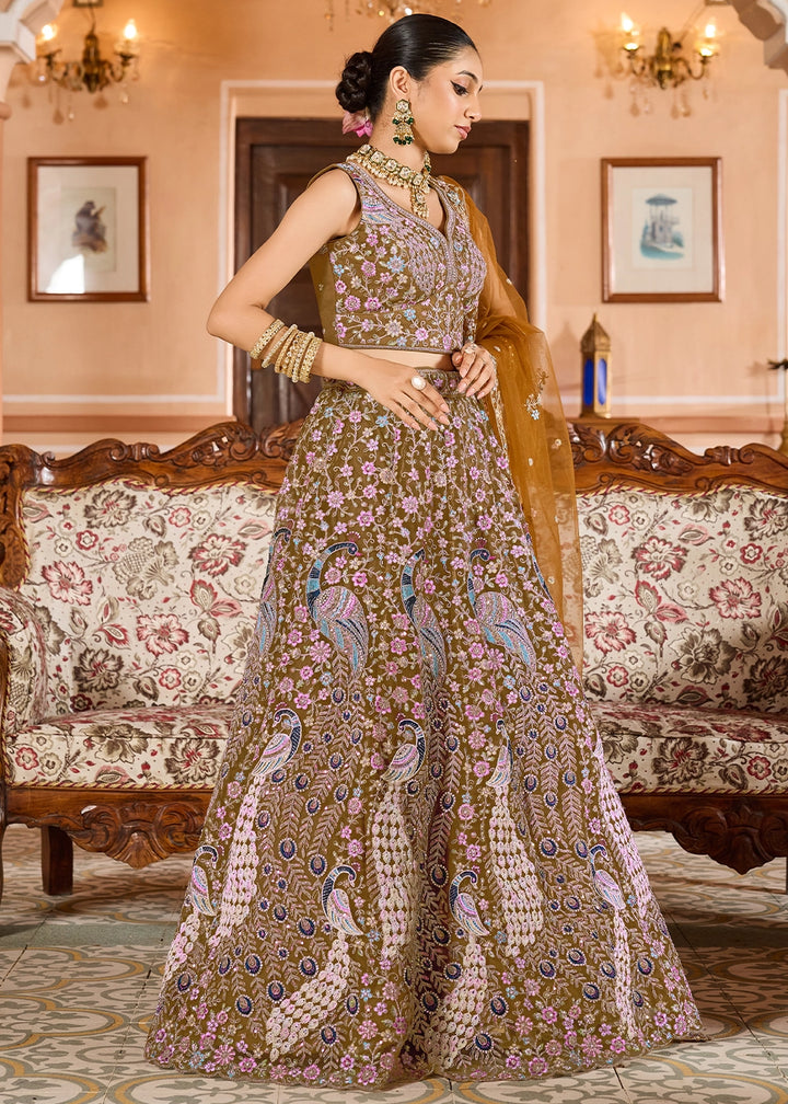Mustard Yellow Embroidered Net Lehenga Choli with Sequins Work