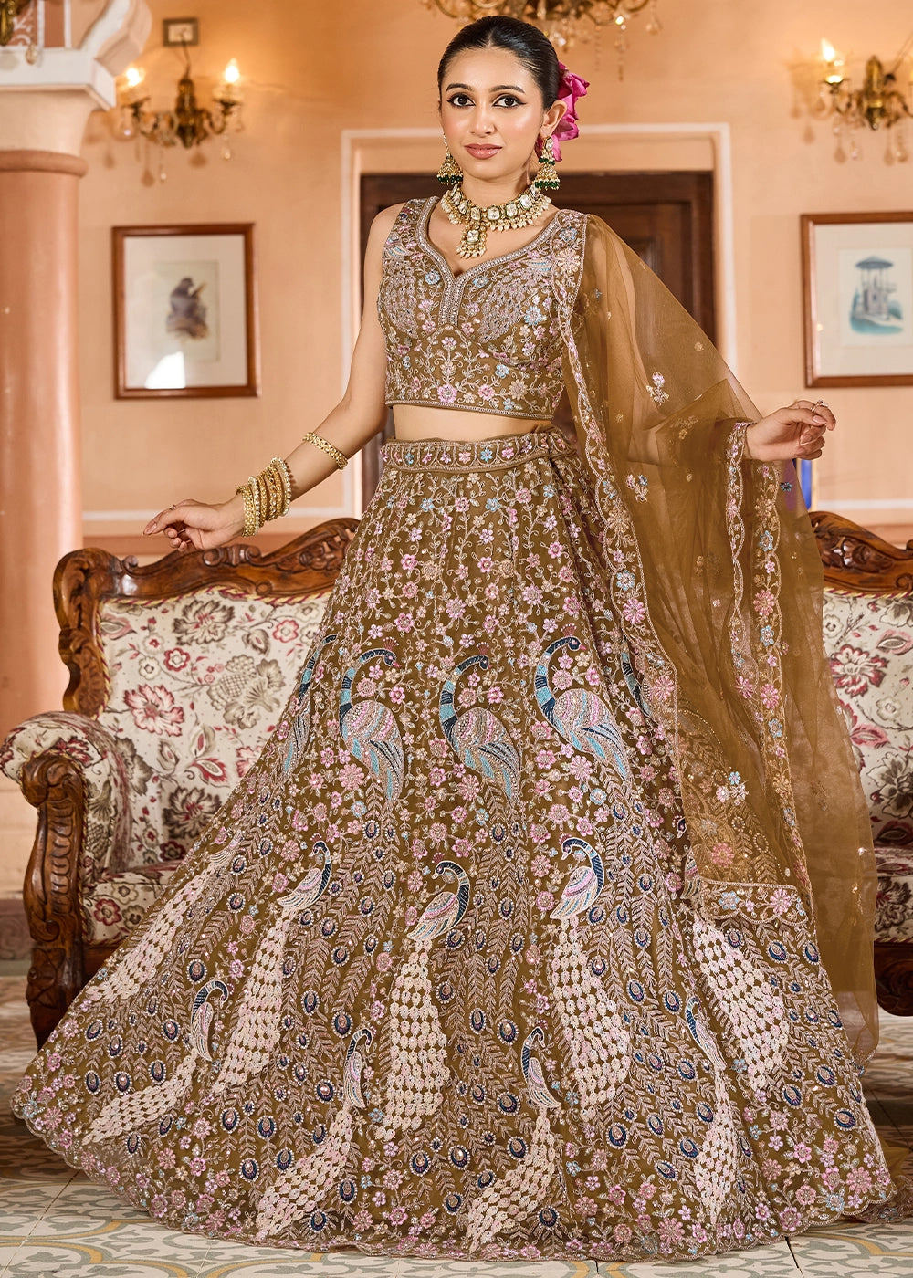 Mustard Yellow Embroidered Net Lehenga Choli with Sequins Work
