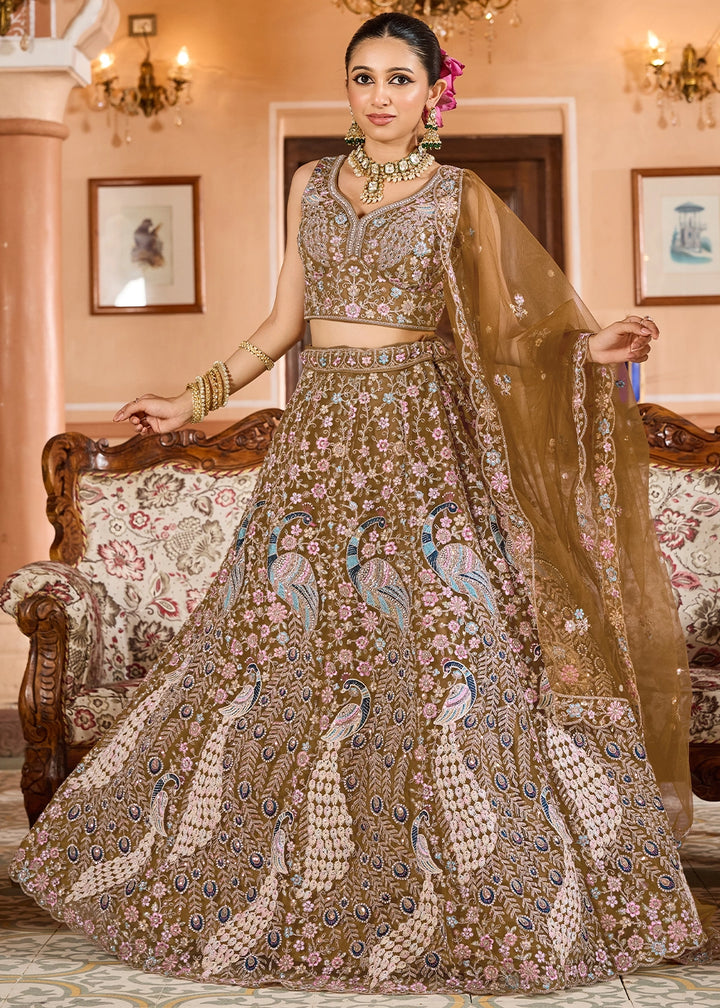 Mustard Yellow Embroidered Net Lehenga Choli with Sequins Work
