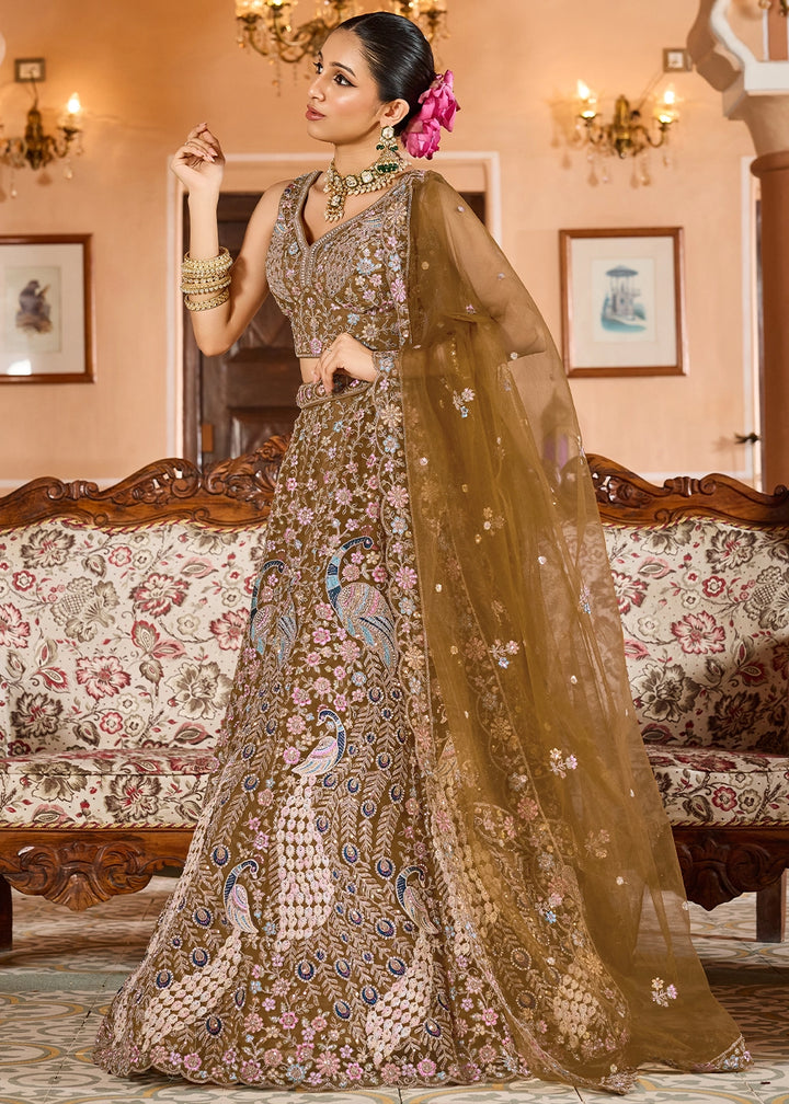 Mustard Yellow Embroidered Net Lehenga Choli with Sequins Work