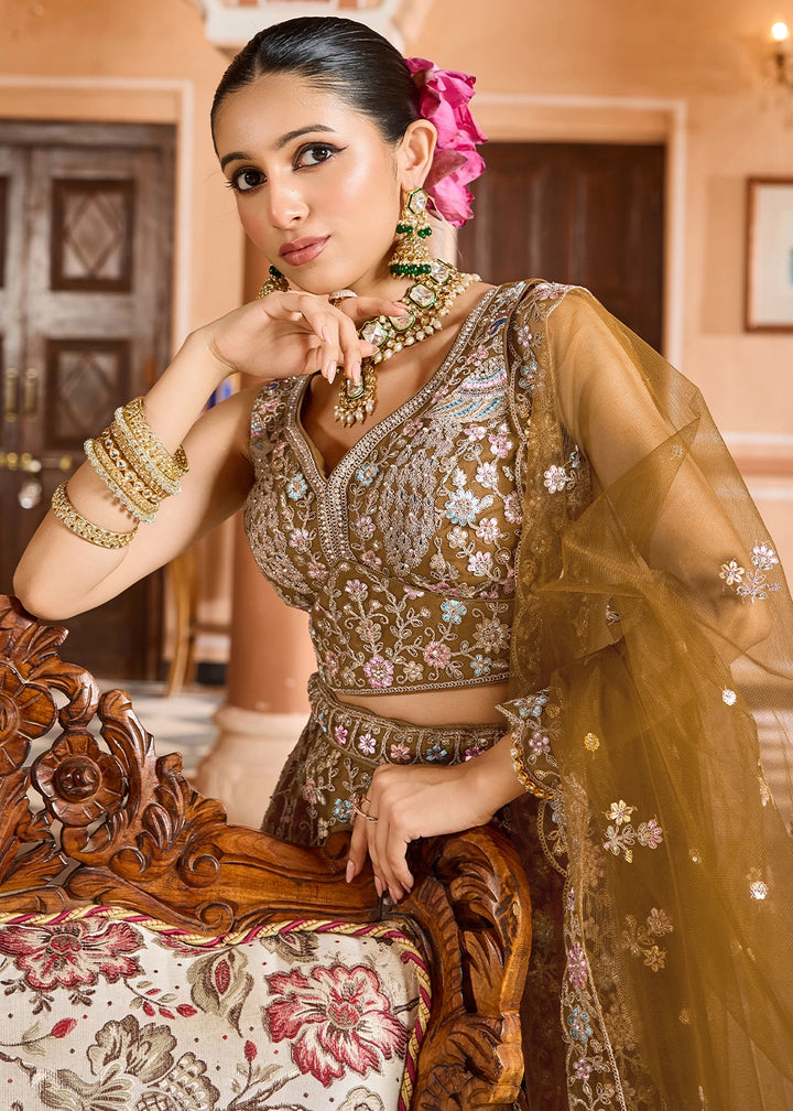 Mustard Yellow Embroidered Net Lehenga Choli with Sequins Work