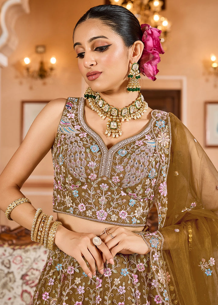 Mustard Yellow Embroidered Net Lehenga Choli with Sequins Work