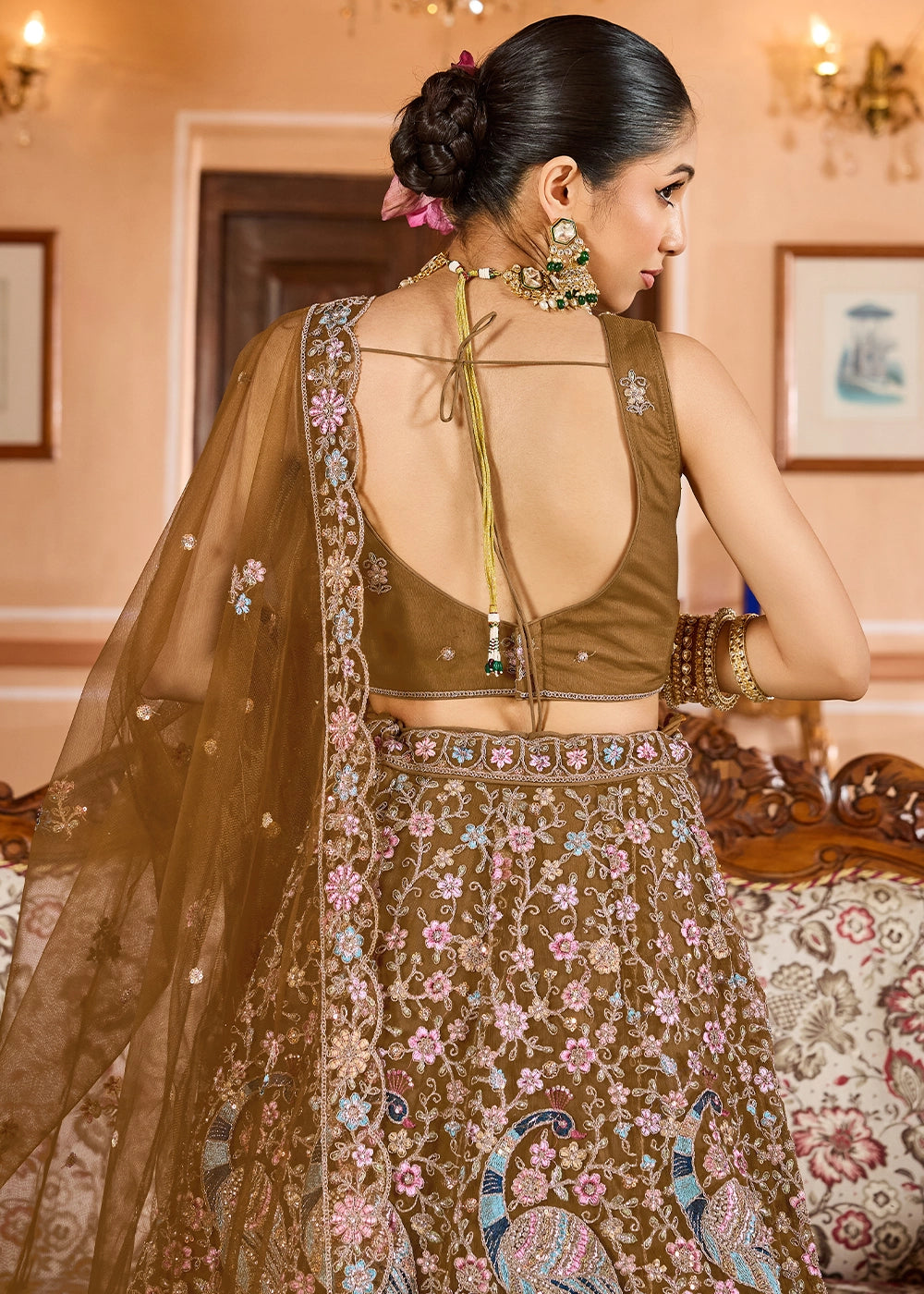 Mustard Yellow Embroidered Net Lehenga Choli with Sequins Work