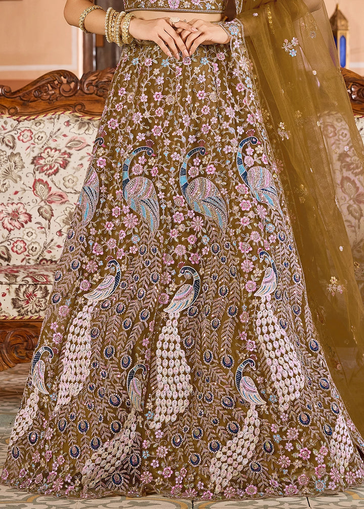 Mustard Yellow Embroidered Net Lehenga Choli with Sequins Work