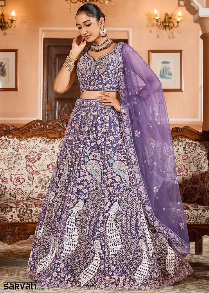 Amethyst Purple Embroidered Net Lehenga Choli with Sequins Work