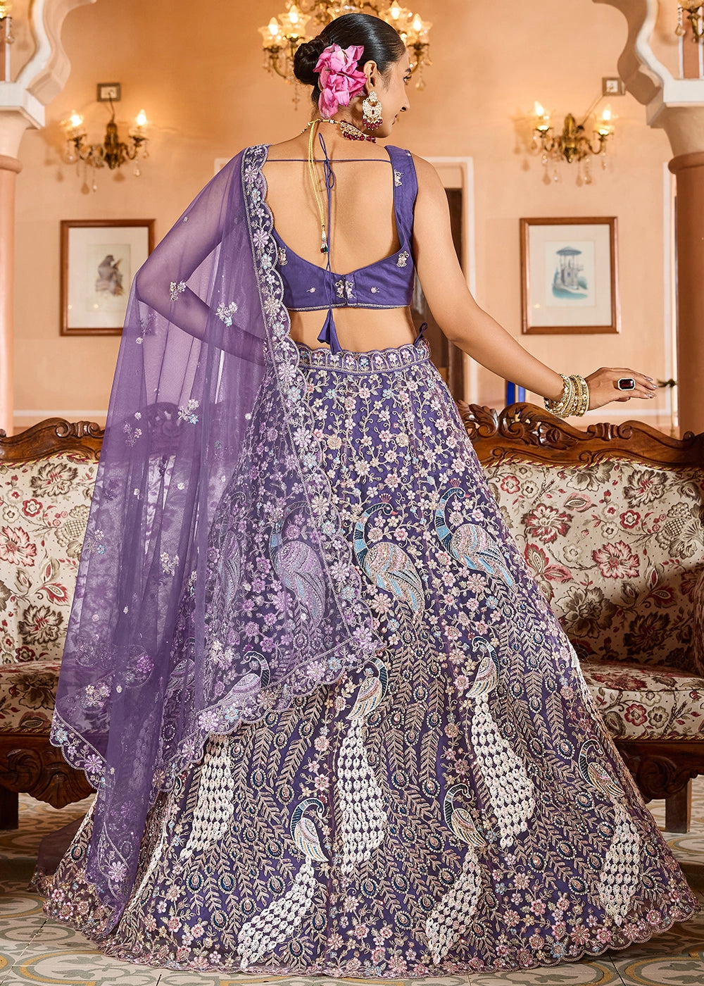 Amethyst Purple Embroidered Net Lehenga Choli with Sequins Work