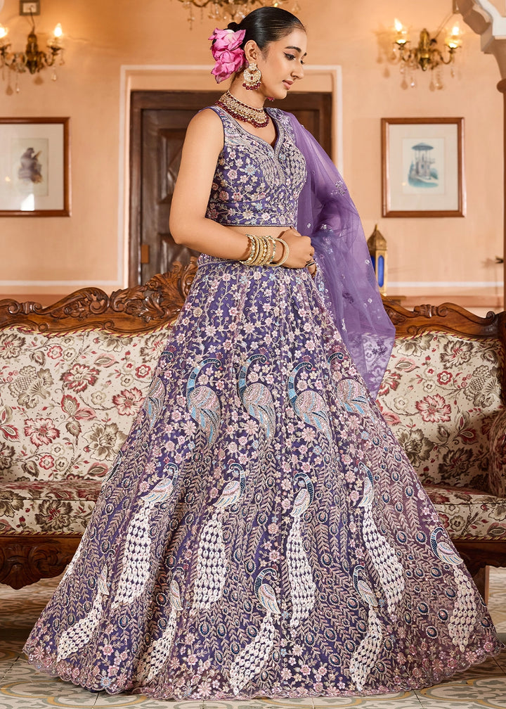 Amethyst Purple Embroidered Net Lehenga Choli with Sequins Work