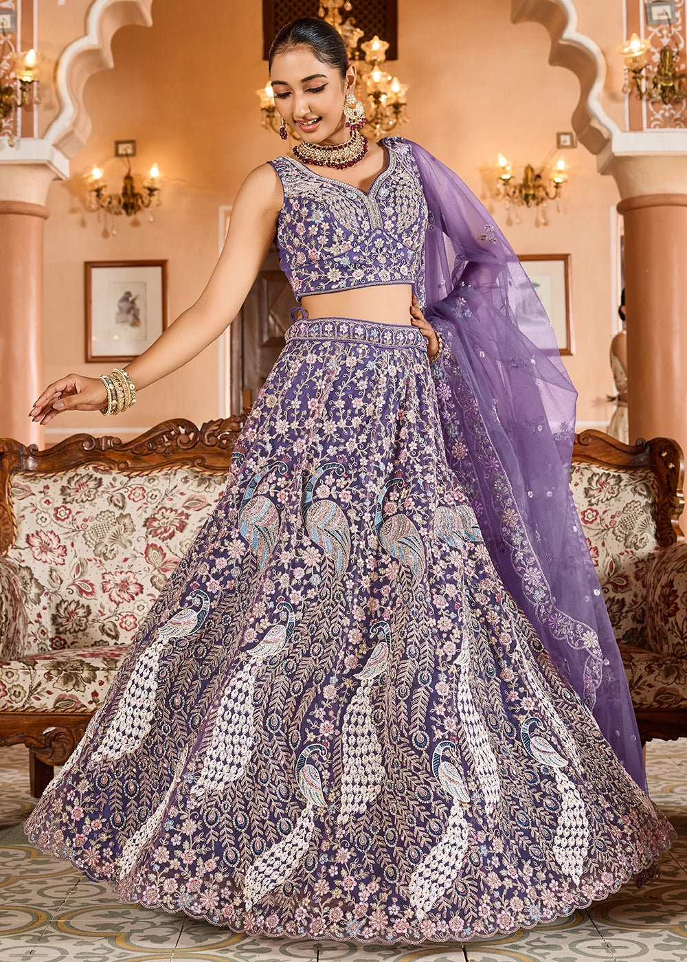 Amethyst Purple Embroidered Net Lehenga Choli with Sequins Work