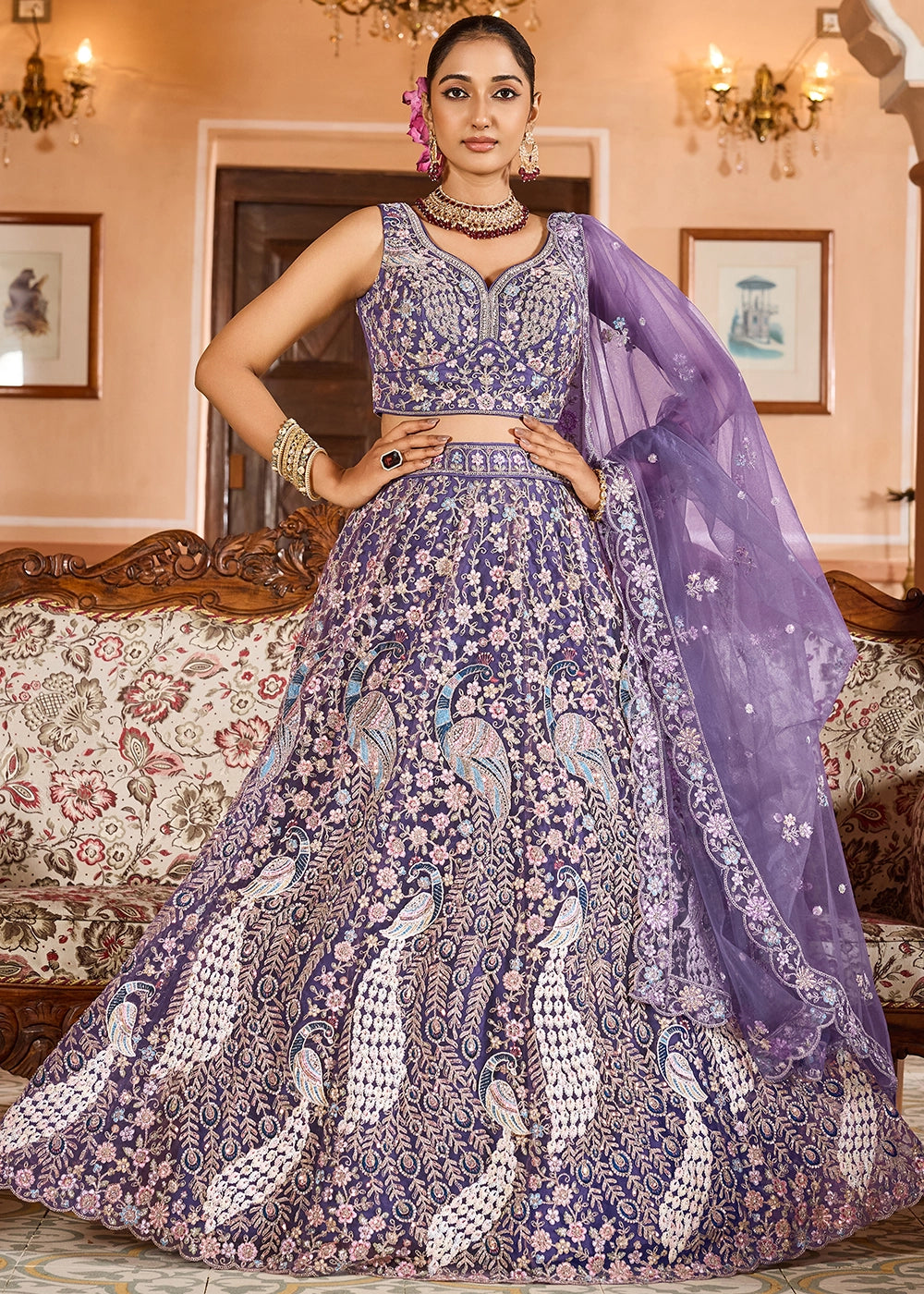 Amethyst Purple Embroidered Net Lehenga Choli with Sequins Work