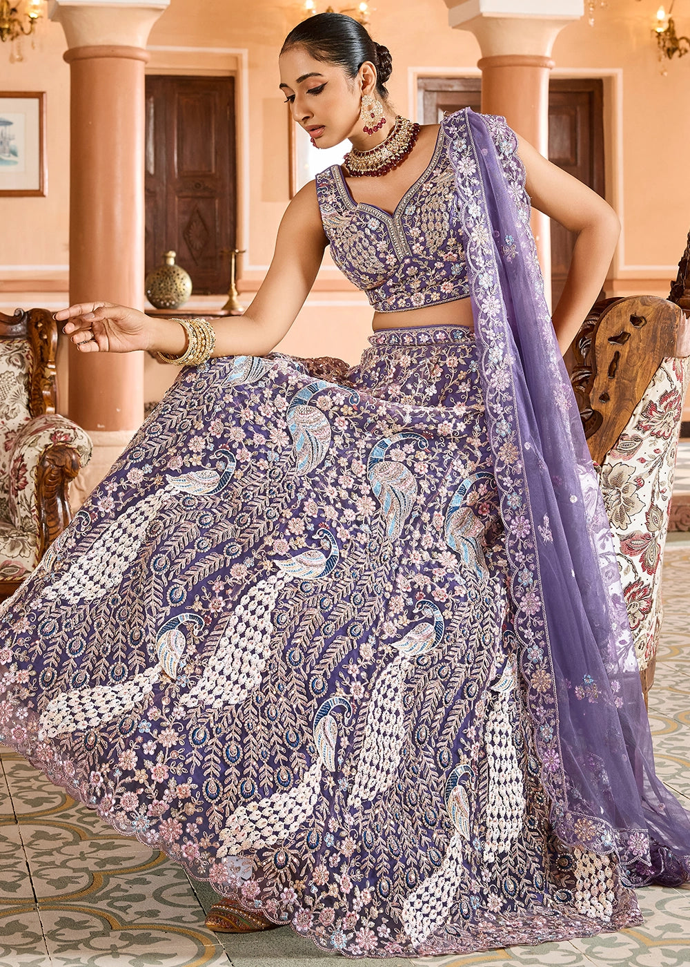 Amethyst Purple Embroidered Net Lehenga Choli with Sequins Work