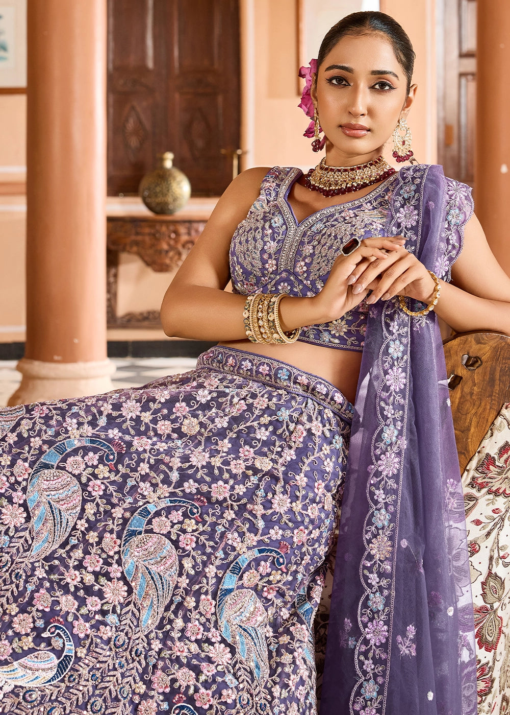 Amethyst Purple Embroidered Net Lehenga Choli with Sequins Work