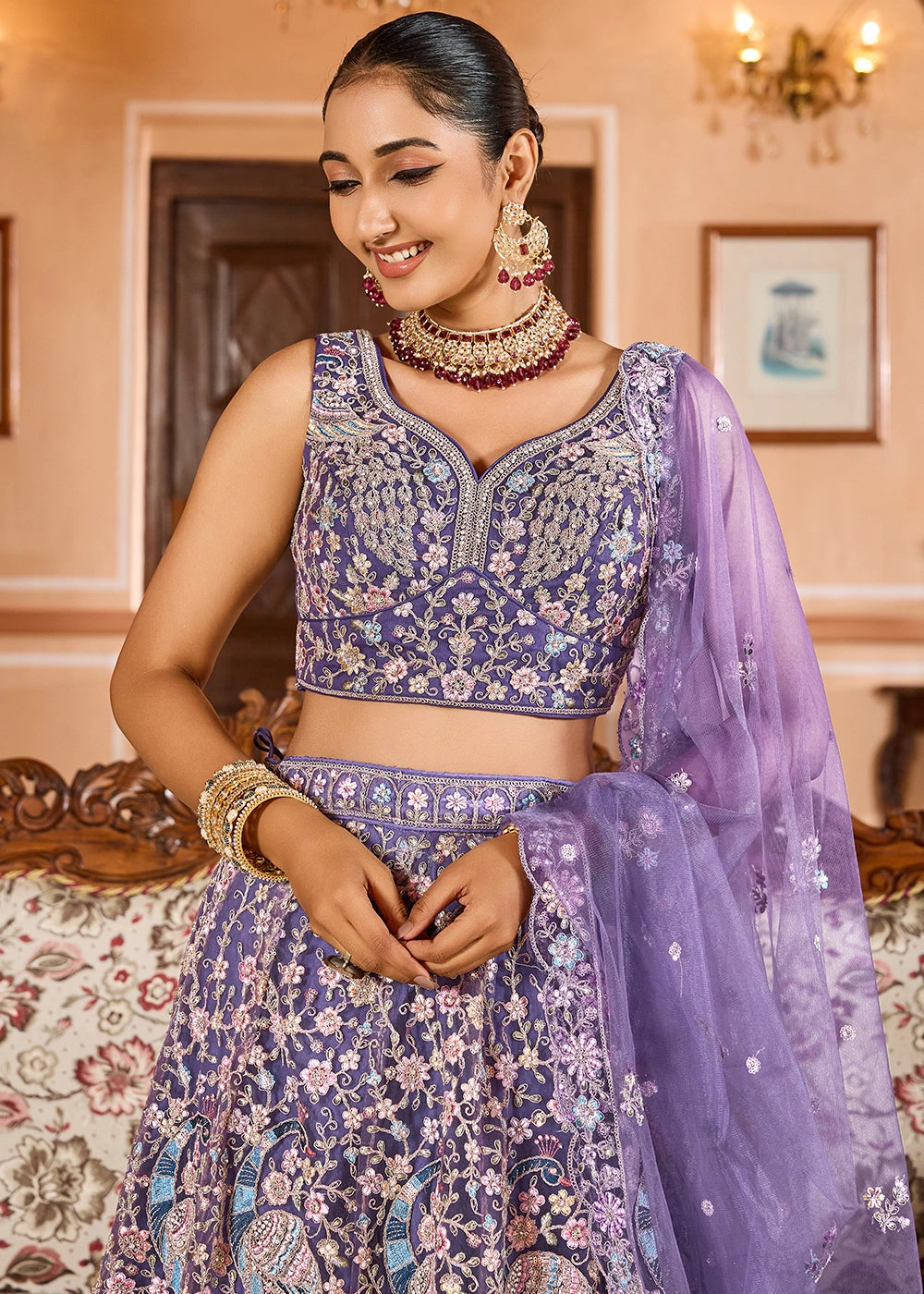 Amethyst Purple Embroidered Net Lehenga Choli with Sequins Work