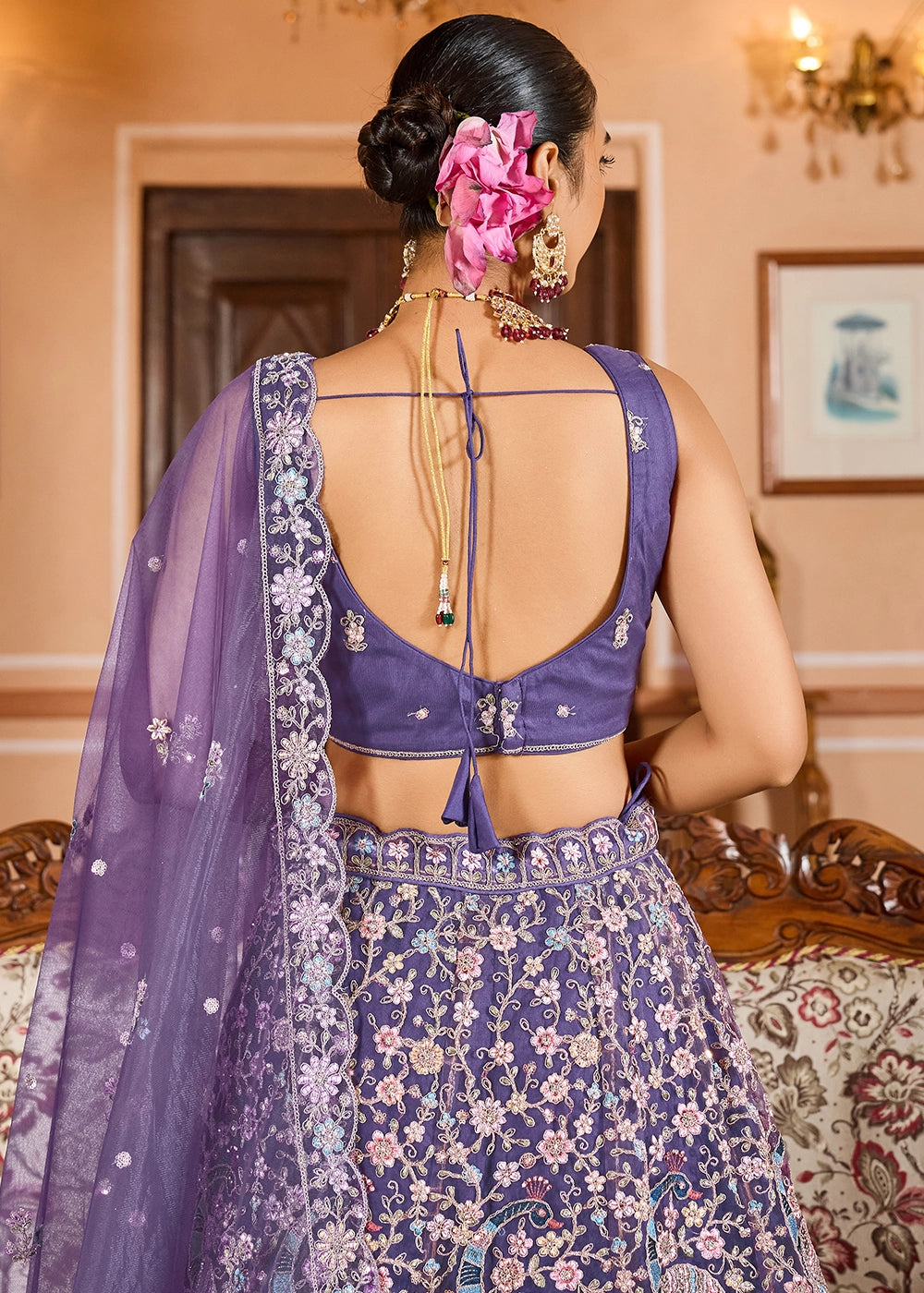 Amethyst Purple Embroidered Net Lehenga Choli with Sequins Work