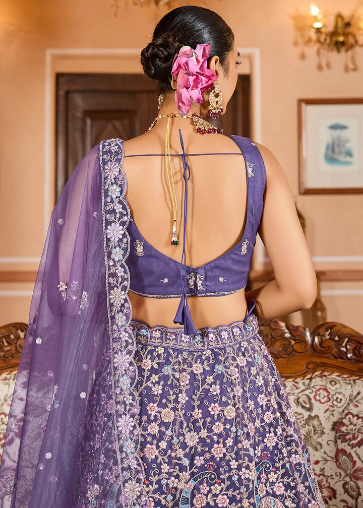 Amethyst Purple Embroidered Net Lehenga Choli with Sequins Work