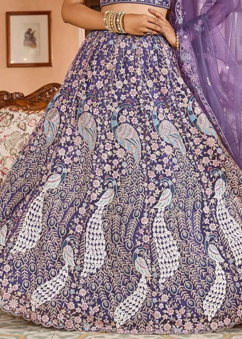 Amethyst Purple Embroidered Net Lehenga Choli with Sequins Work