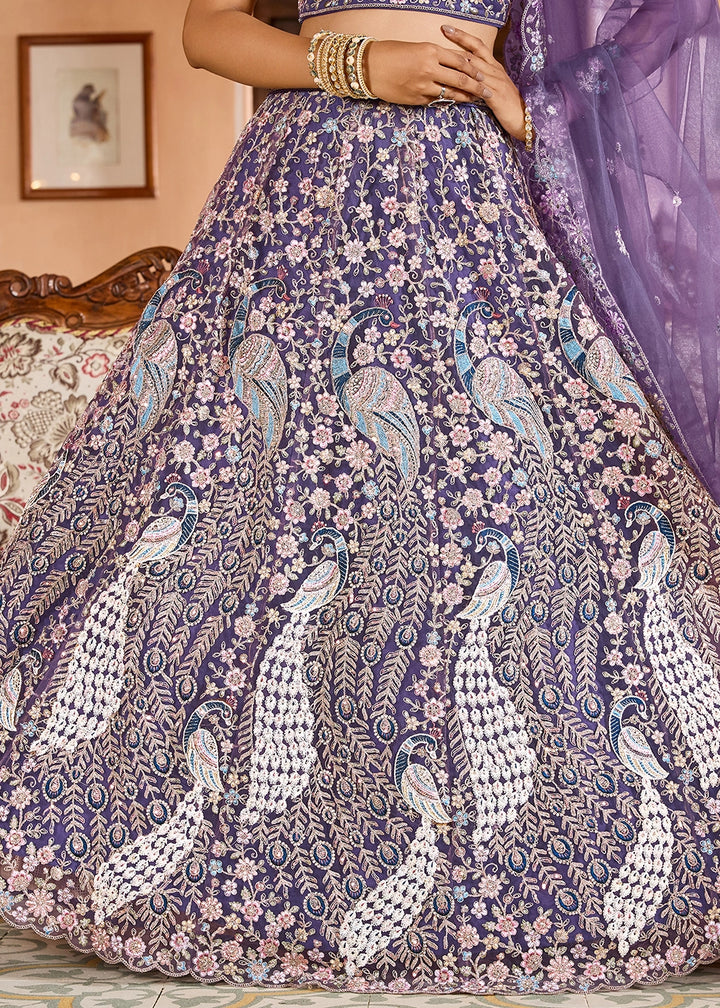 Amethyst Purple Embroidered Net Lehenga Choli with Sequins Work