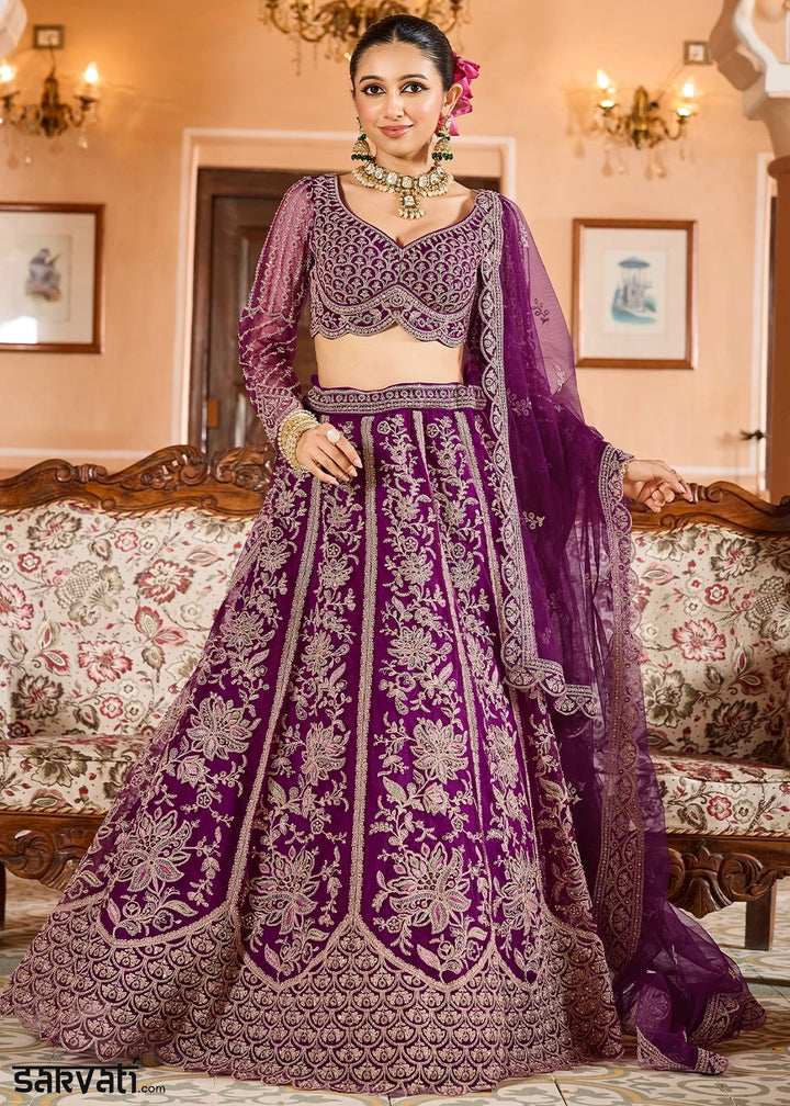 Fig Purple Embroidered Net Lehenga Choli with Sequins Work