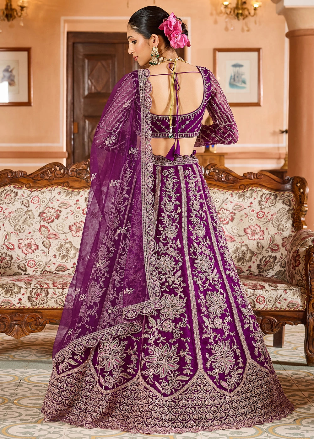 Fig Purple Embroidered Net Lehenga Choli with Sequins Work