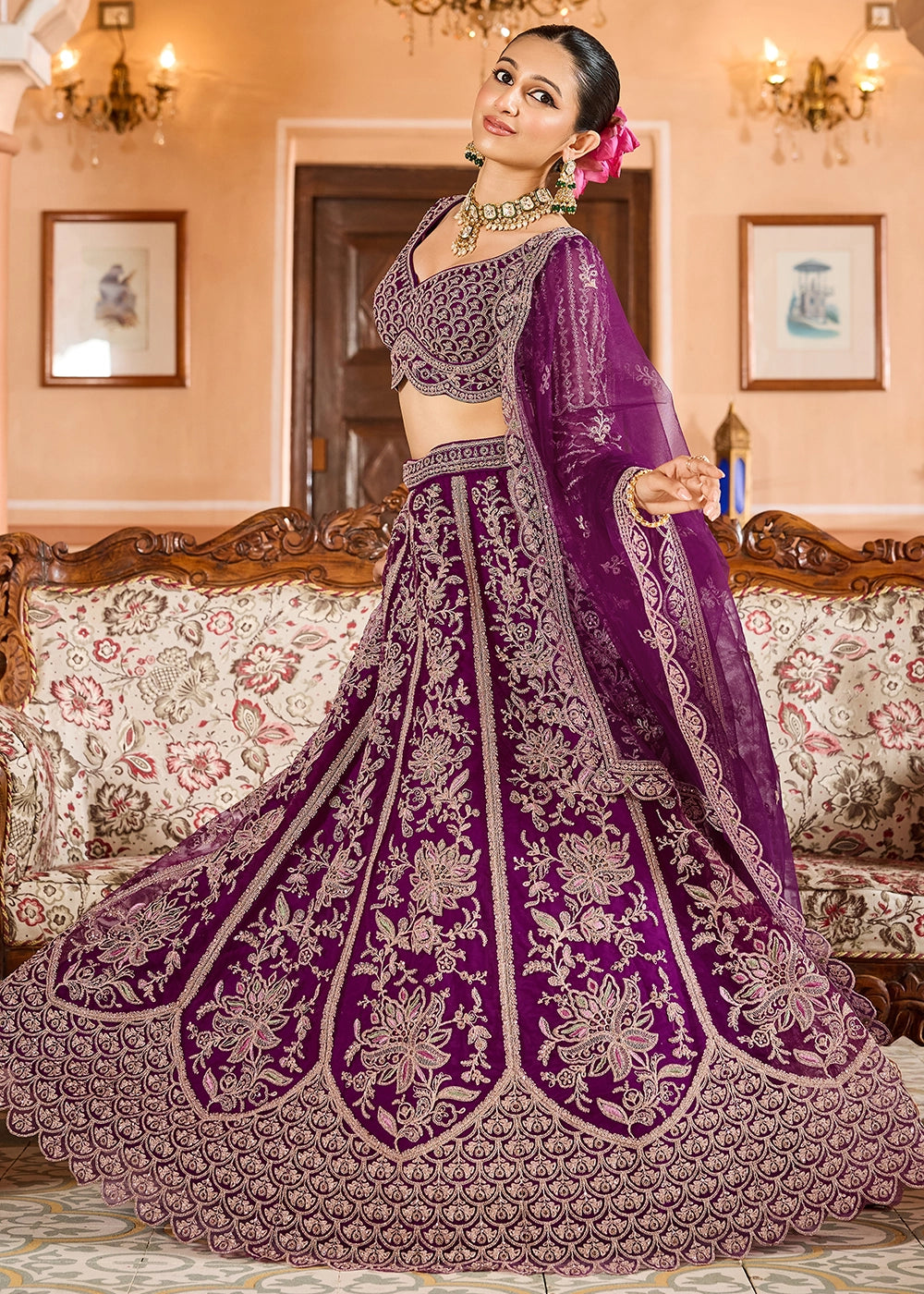 Fig Purple Embroidered Net Lehenga Choli with Sequins Work