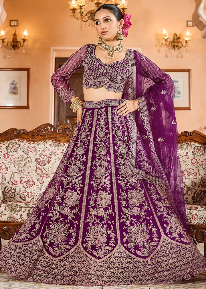 Fig Purple Embroidered Net Lehenga Choli with Sequins Work