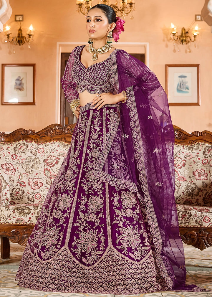 Fig Purple Embroidered Net Lehenga Choli with Sequins Work