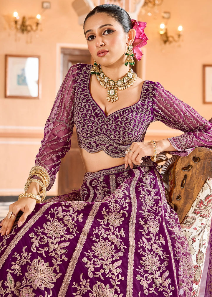Fig Purple Embroidered Net Lehenga Choli with Sequins Work