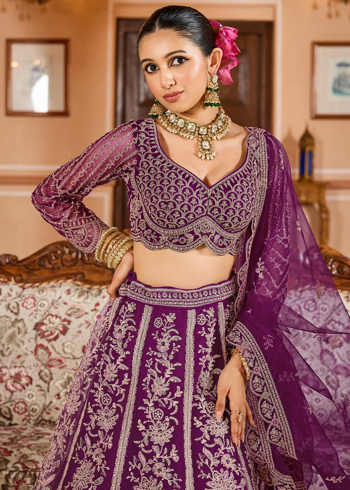 Fig Purple Embroidered Net Lehenga Choli with Sequins Work