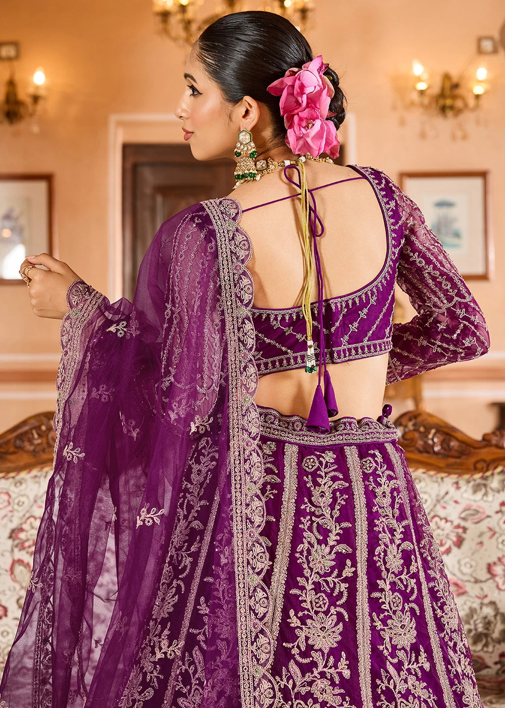 Fig Purple Embroidered Net Lehenga Choli with Sequins Work