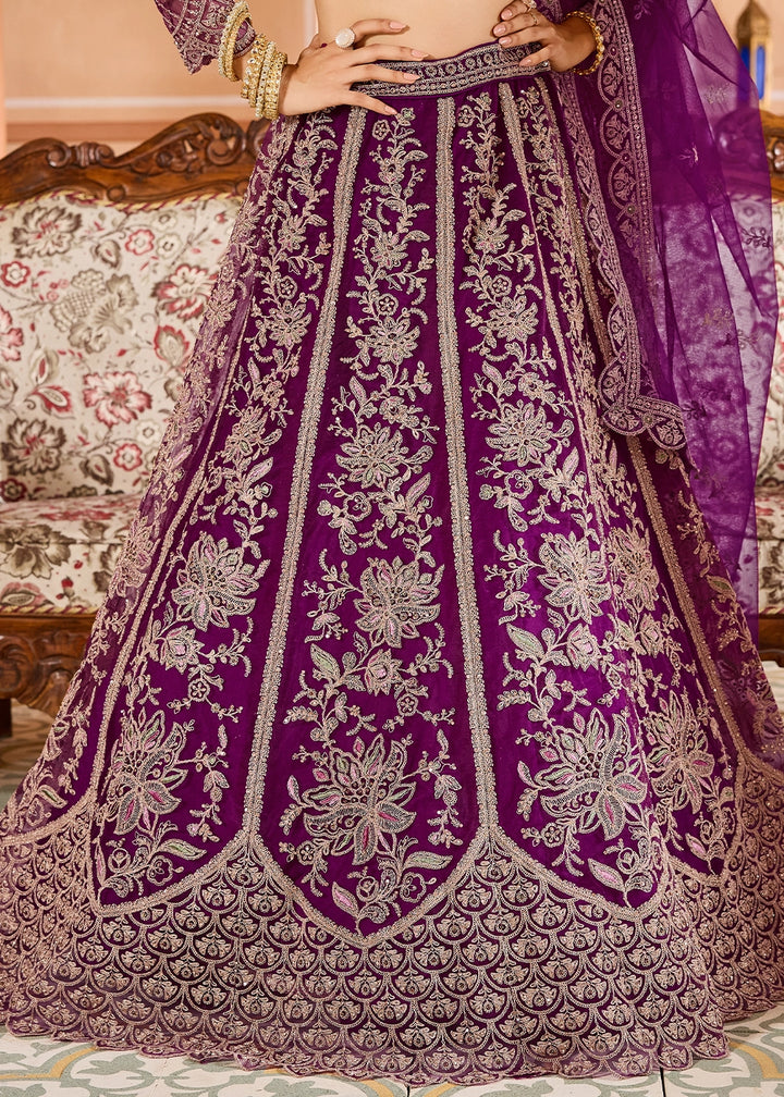 Fig Purple Embroidered Net Lehenga Choli with Sequins Work