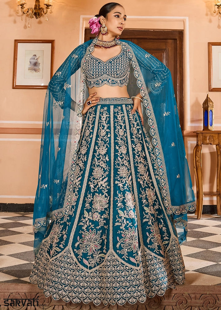 Teal Blue Embroidered Net Lehenga Choli with Sequins Work