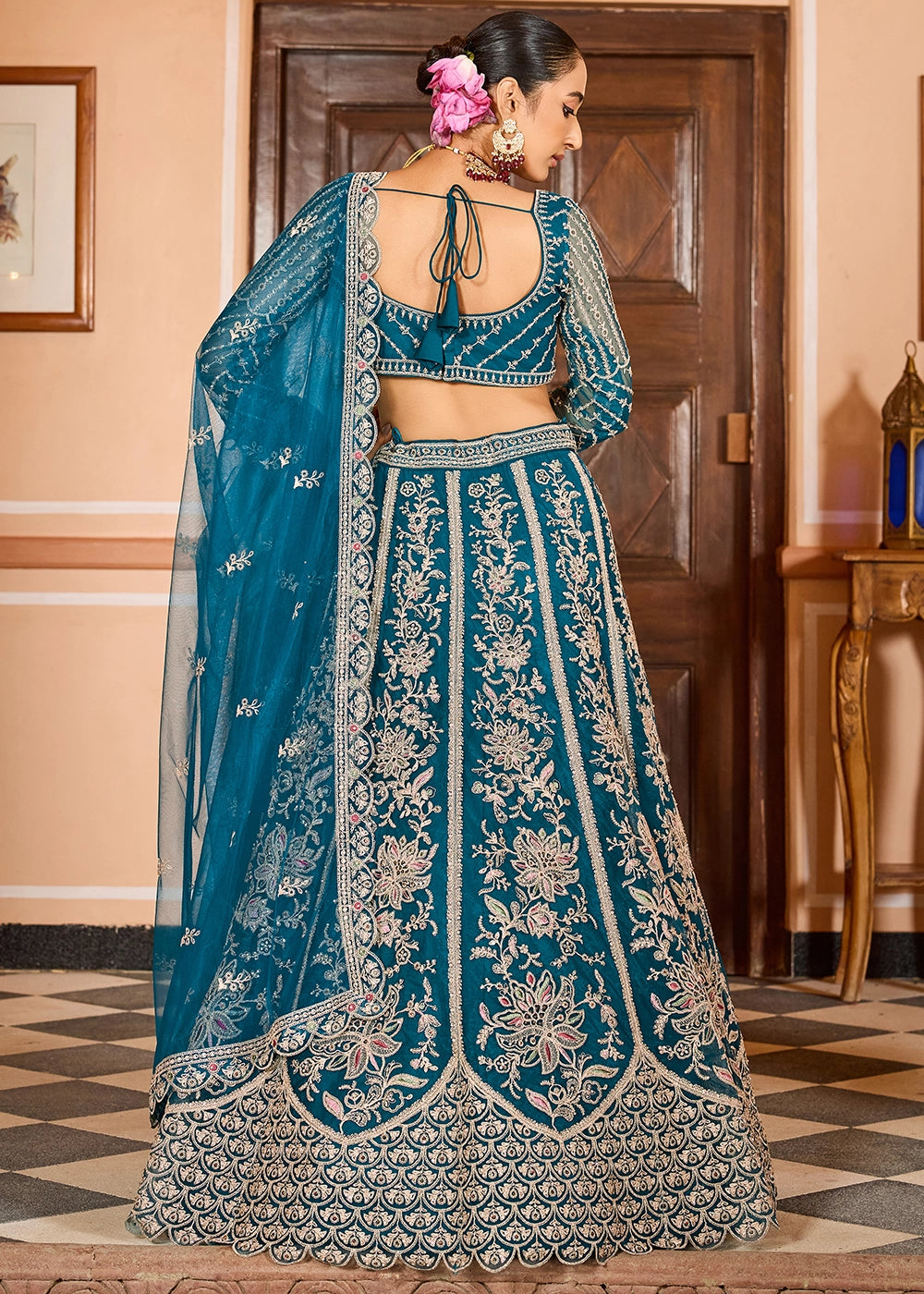 Teal Blue Embroidered Net Lehenga Choli with Sequins Work