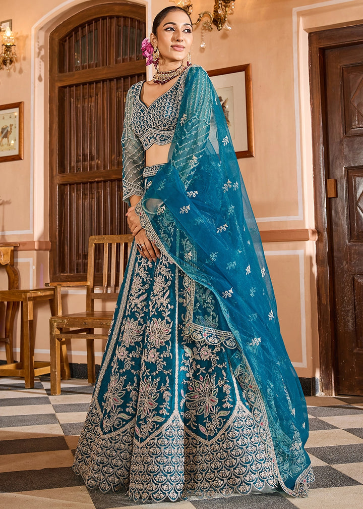 Teal Blue Embroidered Net Lehenga Choli with Sequins Work
