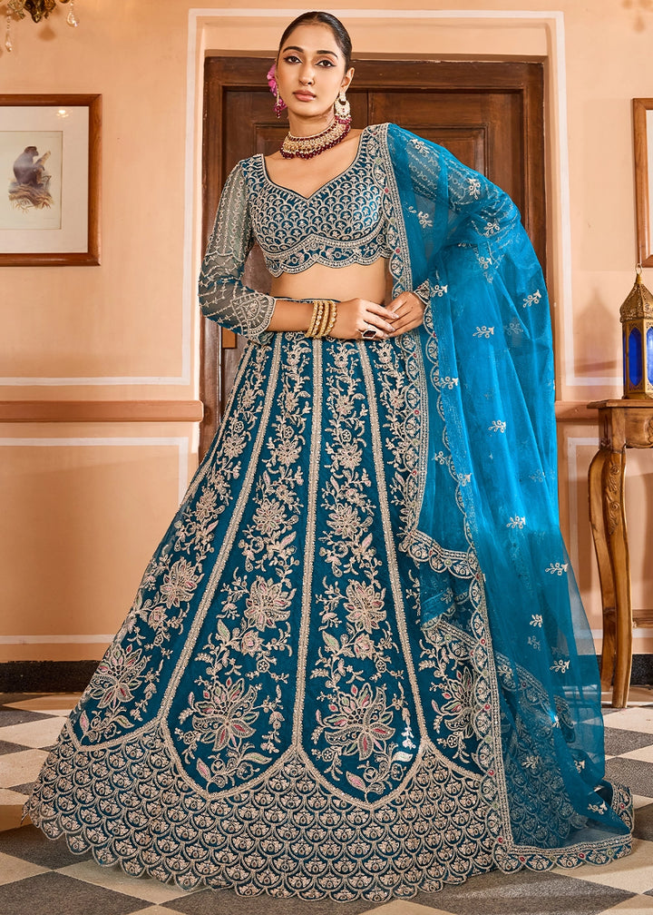 Teal Blue Embroidered Net Lehenga Choli with Sequins Work